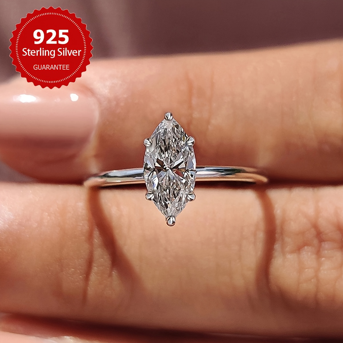 1ct Marquise Moissanite Engagement Ring 925 Sterling Silver 6 Prong Setting